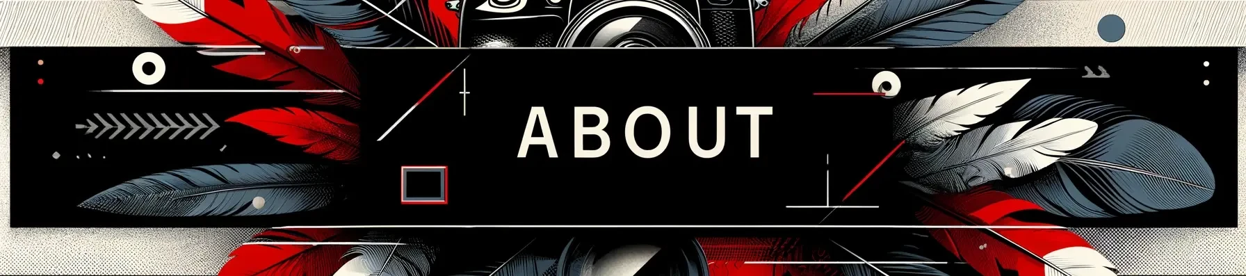 Artistic 'ABOUT' banner on DMG’s website, showcasing intricate design with a camera motif, reflecting the creative storytelling essence of the community.