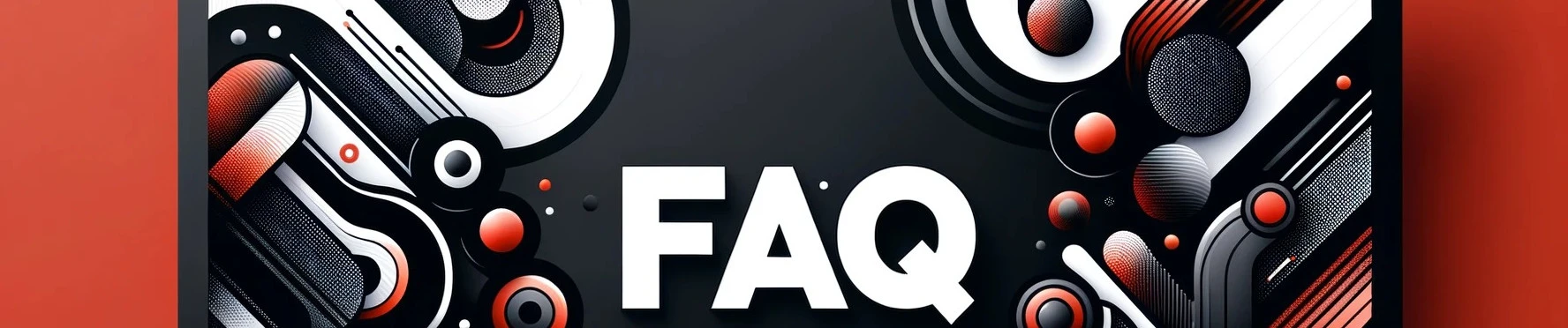 Banner for the FAQ section featuring 'FAQ' text in bold white font centered on a black background, with a complex red, white, and black abstract pattern on the sides, providing a modern and stylized visual frame