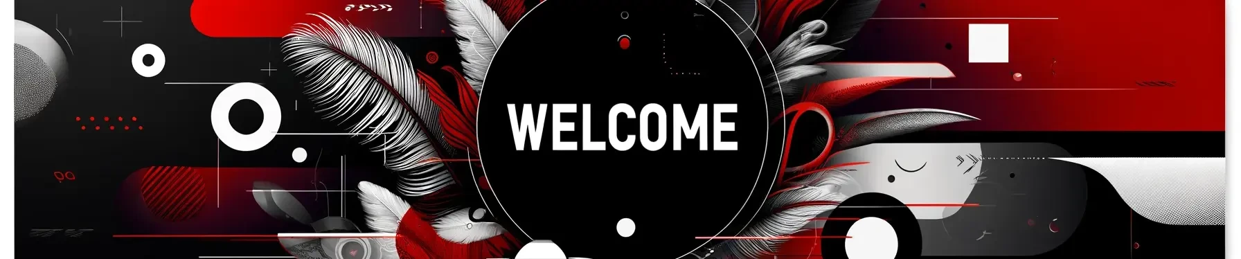 Stylish 'WELCOME' banner on DMG's site featuring modern abstract graphics in red, black, and white, symbolizing a vibrant creator community.